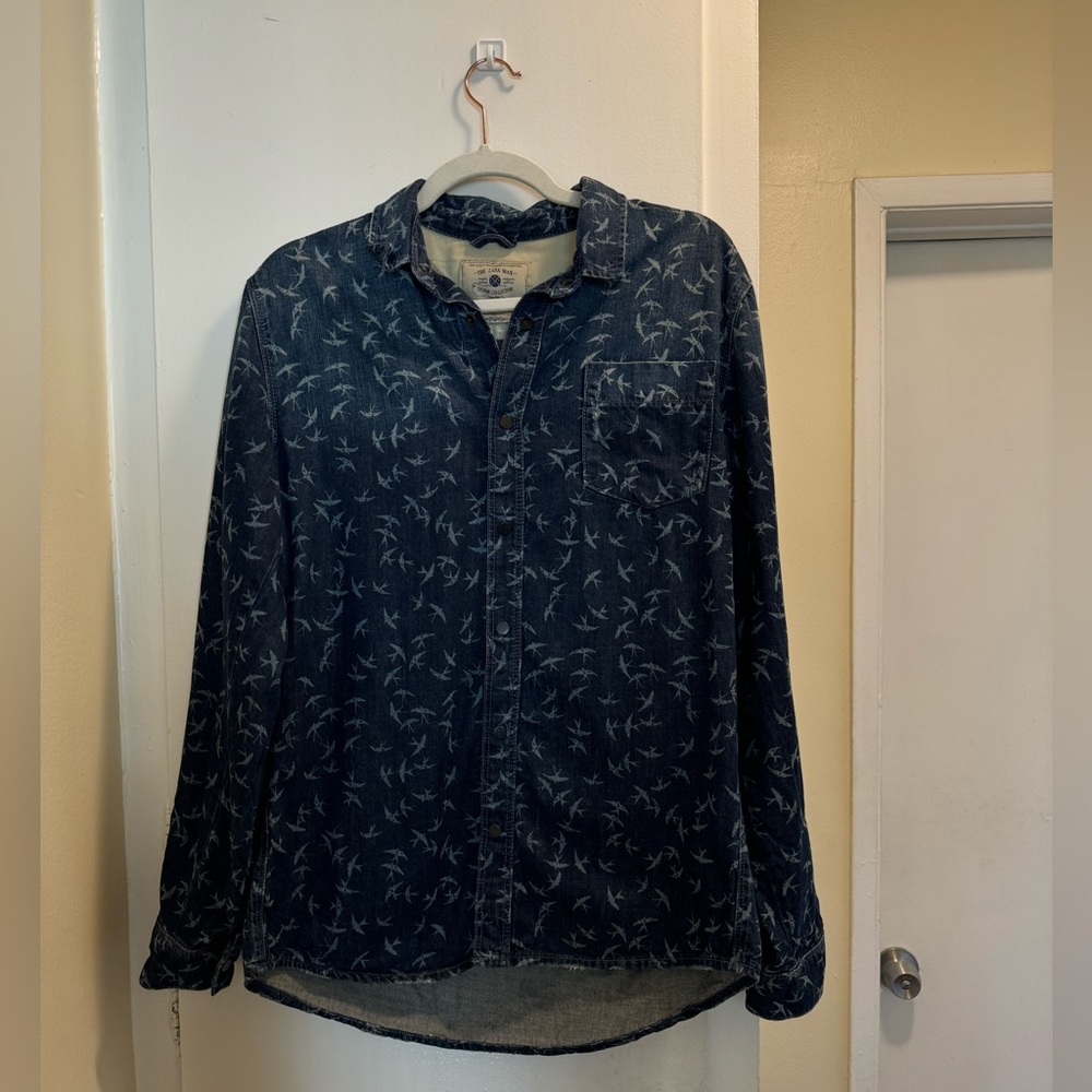 Zara Man Denim Bird Print Button Down - Size: L